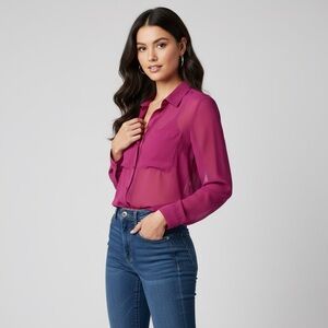 BCBGeneration Sheer Button-Up Blouse in Fuchsia